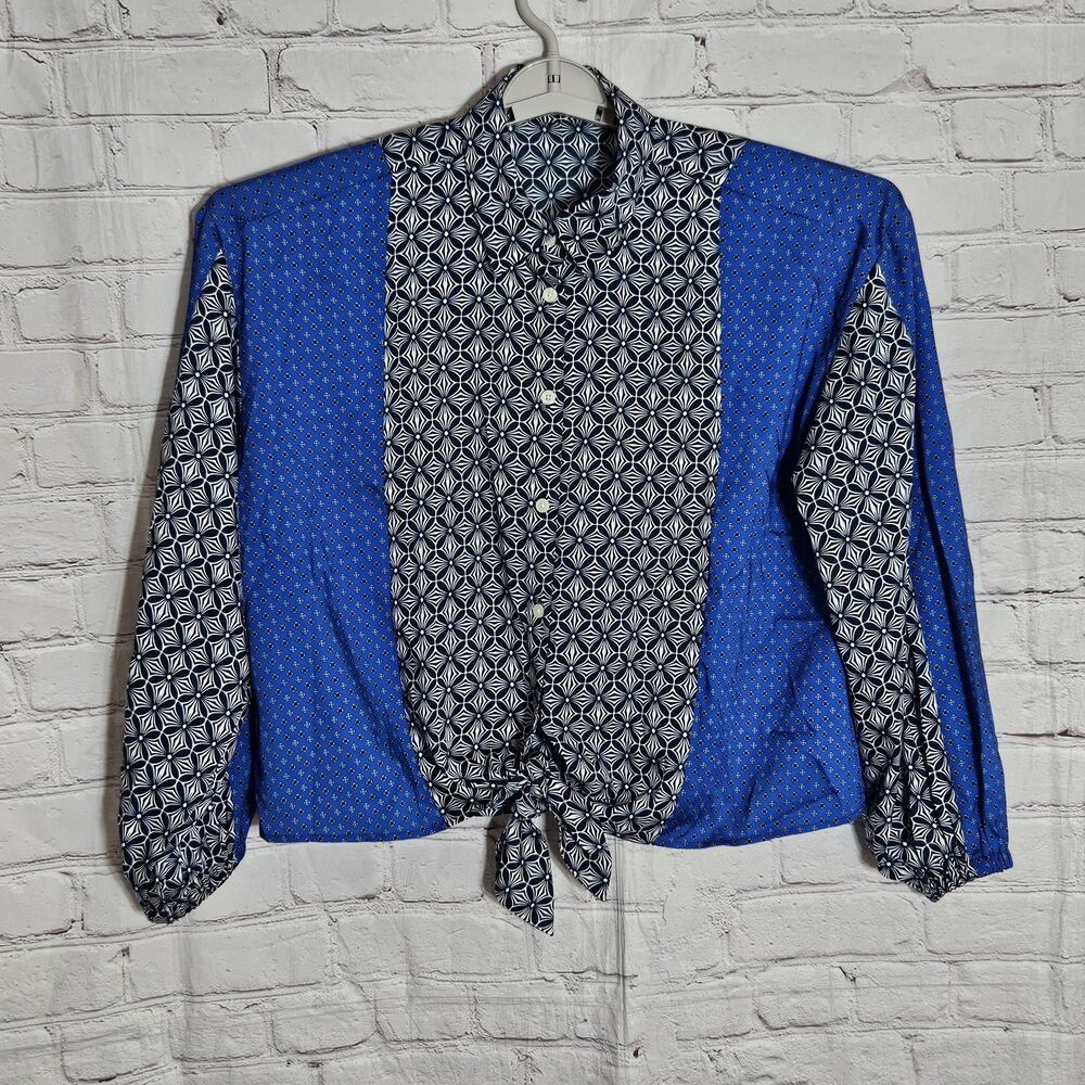 Loft Womens M Blue Black Diamond Print Long Sleeve Button Up Geometric Shirt